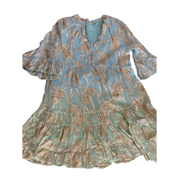 Debbie Katz South Beach Gold Angie lurex Tiered Mini Dress Aqua Turquoise Large - Picture 3 of 8